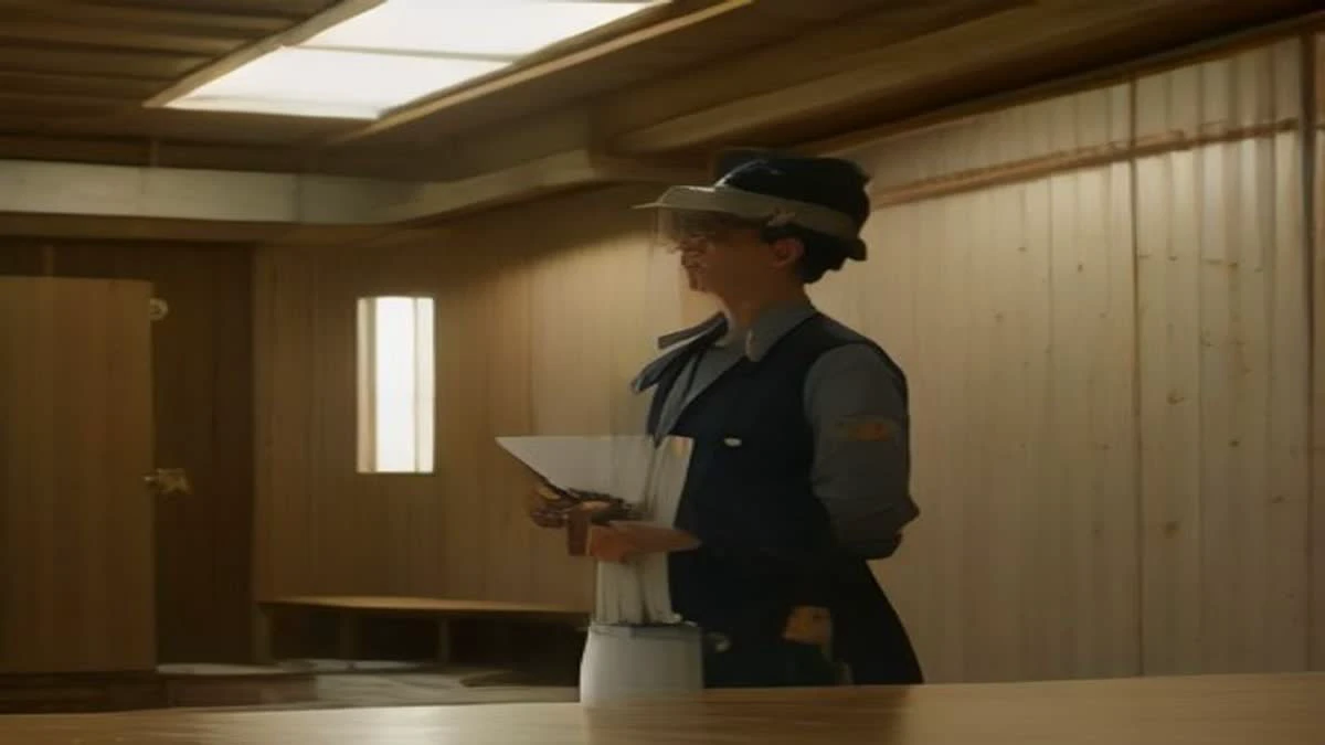 Illustration: wide establishing shot of a quality inspector in a clean facility holding a magnifier over a manufactured part