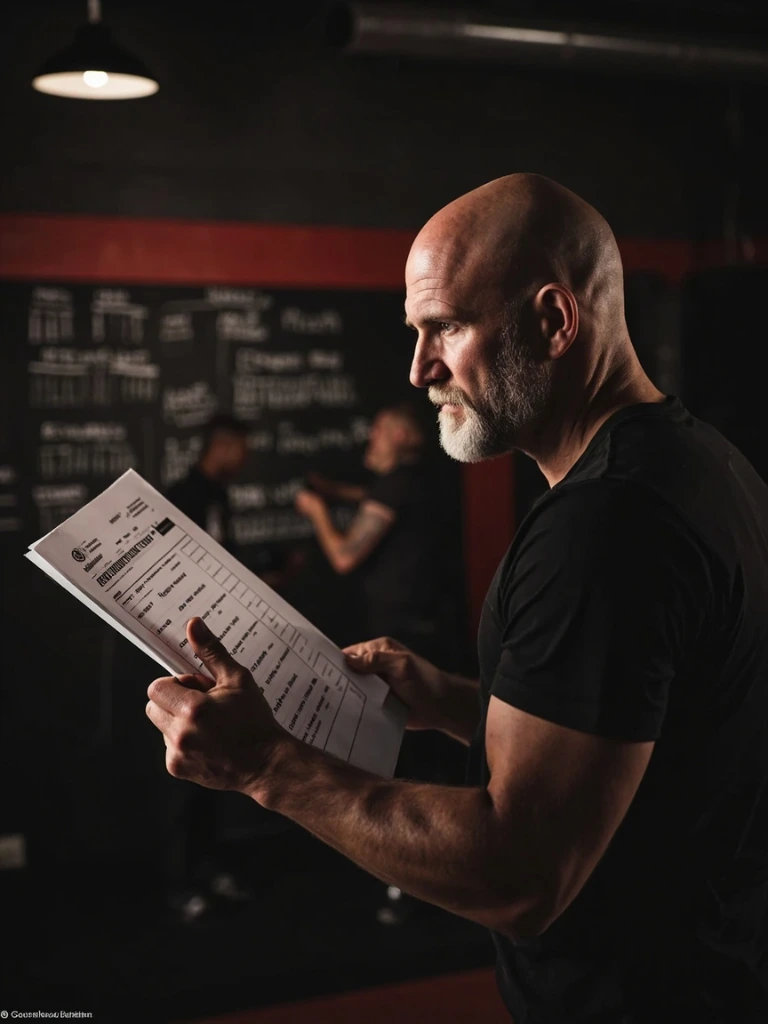 Coach reviewing a printed session plan with two fighters
